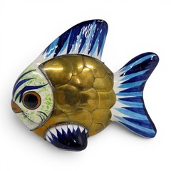 Vintage Tonala Ceramic Mexican Pottery Brass Fish Sculpture Folk Art 4.5HX5.5L