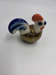 Vintage Mexican Tonala Pottery Rooster Ceramic Hand Painted Blue W Brass Armour