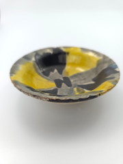 Two Vintage Oaxaca Mexico Majolica Drip Ware Trinket Dishes Yellow/Grey/Black