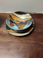 Vintage Table top Navajo hand painted 1 plate 2 bowls mountains hills sun