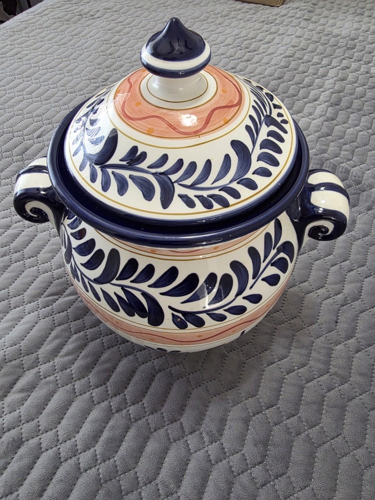 Mexican Inspired Talavera Pottery , Hand Painted Canister, Lg, With Lid!