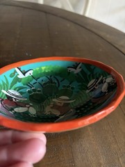 Mexican Folk Art 3 Footed Hand Painted Colorful Round Bowl People Fishing 5”