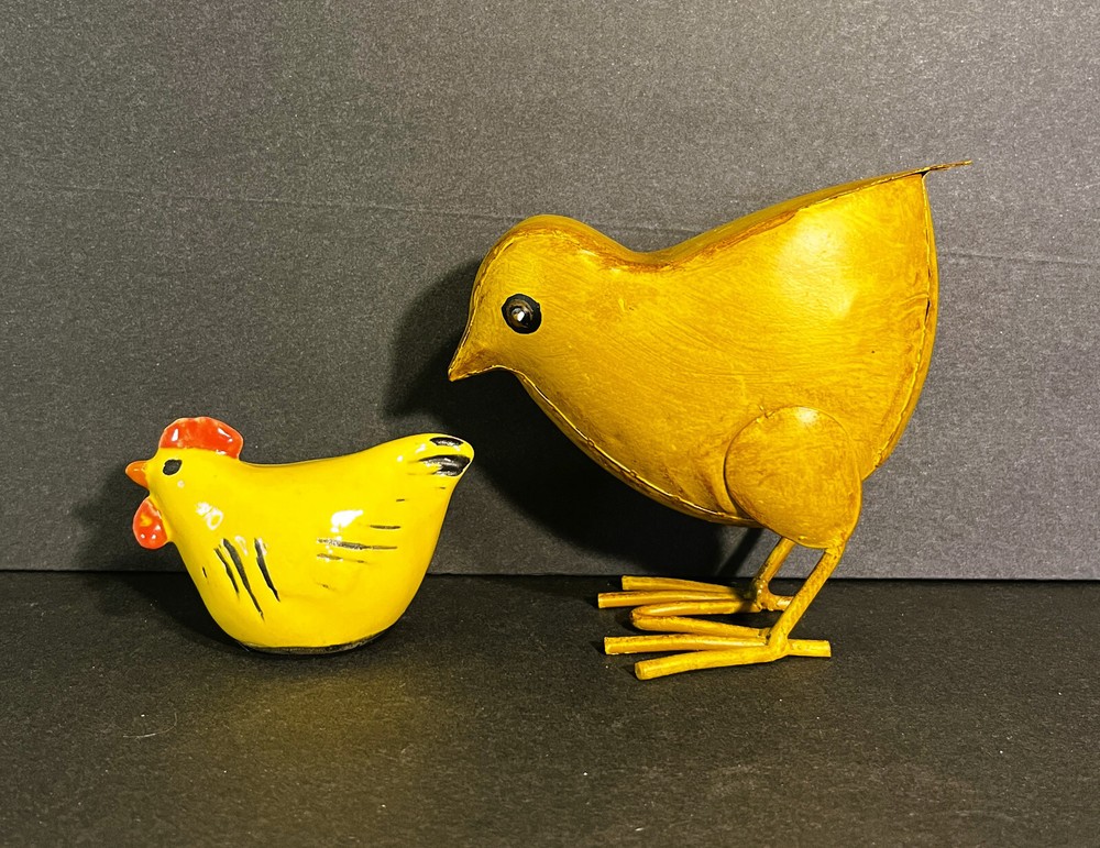Vintage Handmade Painted Hen Pottery & Tin Chick Sculpture Yellow Chicken Lot