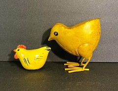 Vintage Handmade Painted Hen Pottery & Tin Chick Sculpture Yellow Chicken Lot