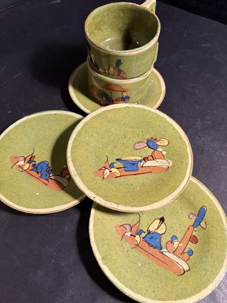 Lot Vintage 1940s Green Mexican Tlaquepaque Tonala Cups Saucer Plates Redware