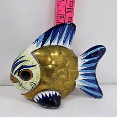 Vintage Tonala Ceramic Mexican Pottery Brass Fish Sculpture Folk Art 4.5HX5.5L