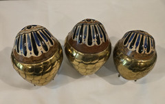 Brass Mexican Pottery Owls Set of 3 Signed Artist Alexander Blazquez MCM
