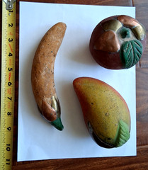 70s VTG Mexico Burnished Clay Fruit Apple Mango Banana Terracotta Brass Inlay HP