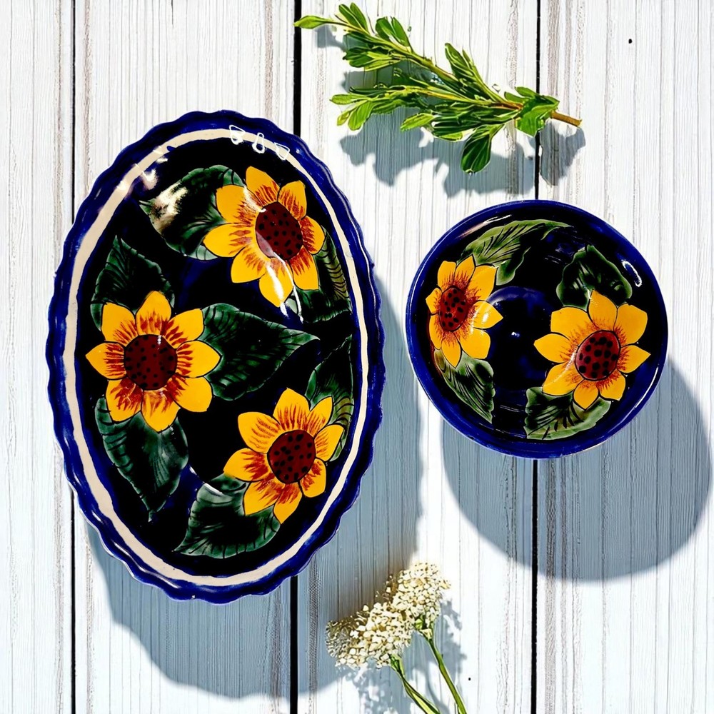 Set of 2 Mexican Pottery Signed Yellow Sunflower Bowls Cobalt Blue Oval & Round