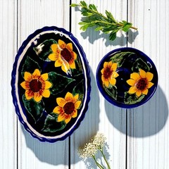 Set of 2 Mexican Pottery Signed Yellow Sunflower Bowls Cobalt Blue Oval & Round