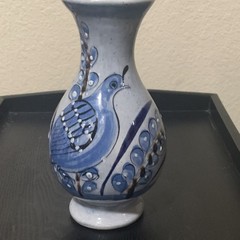 Tonala Handmade Mexican Pottery Vase Blue Bird Design Artisan Hand-Painted