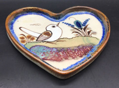 Tonala heart shape art pottery trinket dish white bird signed Ken Edwards Mexico