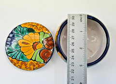 Talavera Mexican Pottery Hand Painted Round Trinket Box With Lid Terracotta 2.5″