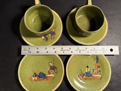 Lot Vintage 1940s Green Mexican Tlaquepaque Tonala Cups Saucer Plates Redware