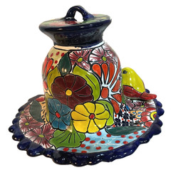 Lrge 11” Mexican Pottery Talavera Pottery “Love Birds” Hanging Bird House Feeder