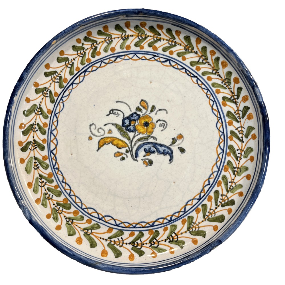 Talavera Espana Hand Painted Plate Blue Green Yellow Floral Flowers 6.75” D