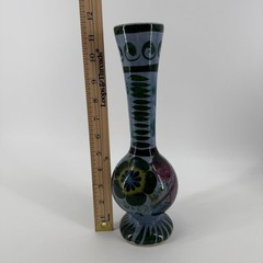 Vintage Mexican Pottery Vase Hand Painted Blue Green Floral Tall Ceramic 11.5″