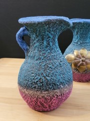 Vtg Black Clay Sand Terracotta Pottery Vase Copper/Brass Flower Trio Of Pitchers