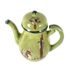 Vintage Tlaquepaque Pottery Green Pitcher with Lid Hand Painted Mexico 1940s 9″