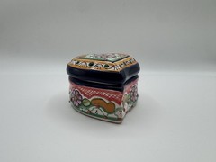 Talavera Pottery Heart Shaped Blue & White Flowers Trinket Box Hand painted