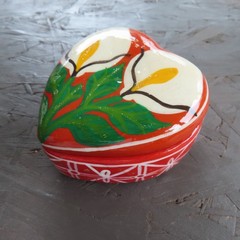 Mexican Pottery Trinket Box Heart Shape Flowers Calla Lily Hand Painted Folk Art
