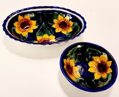 Set of 2 Mexican Pottery Signed Yellow Sunflower Bowls Cobalt Blue Oval & Round