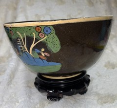 1920-40 Hand painted Black Glazed Tlaquipaqui Jalisco, Mexico 10.5” Pottery Bowl