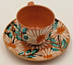 Vintage Hand Painted Mexican Pottery Demitasse Espresso Cup & Saucer Floral Terr