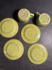 Lot Vintage 1940s Green Mexican Tlaquepaque Tonala Cups Saucer Plates Redware