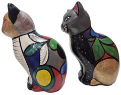 Vintage Mexican Pottery Folk Art Terracotta Cat Figurines Hand Painted 7.5″ x 5″
