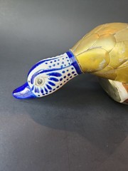 Vintage Mexican Pottery Folk Art Shelf Sitter Diving Duck Bird Armored Brass