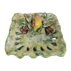 Mexican Majolica Green 3D Folk Art Wall Pottery Mellado Gto Lemon Fruit Wavy
