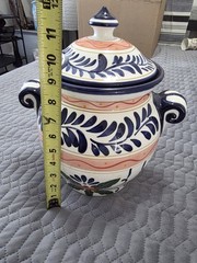 Mexican Inspired Talavera Pottery , Hand Painted Canister, Lg, With Lid!