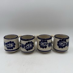Set Of 4 Talavera Mexican Studio Folk Art Pottery Mugs Saucer Cobalt Blue Floral