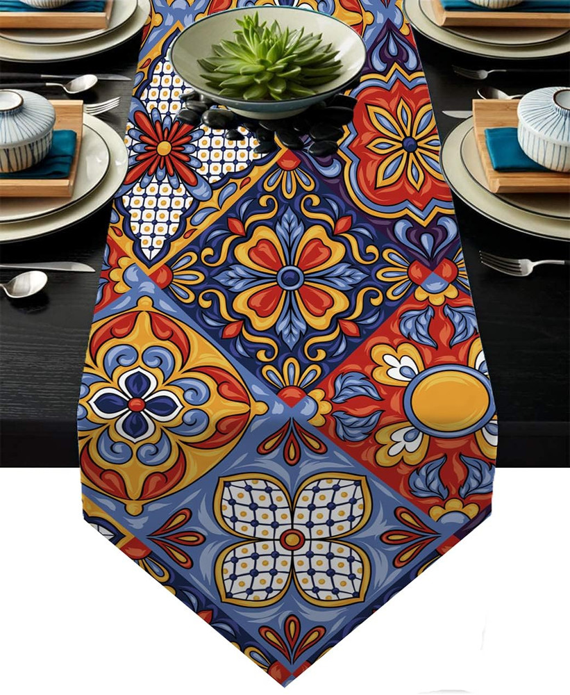 Mexican Talavera Ceramic Tile Pattern Linen Table Runners Dinner Table Setting D