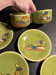 Lot Vintage 1940s Green Mexican Tlaquepaque Tonala Cups Saucer Plates Redware