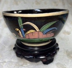 Early 1900’s Tlaquepaque Jalisco Mexico Hand Painted 8” Black Glaze Pottery Bowl