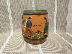 BOSQU Mexican Hand-Painted Pottery Mug Cup Folk Art Scene Marked Mexico Handmade