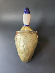 Vintage Mexican Pottery Folk Art Shelf Sitter Diving Duck Bird Armored Brass