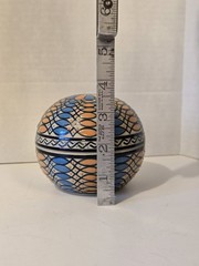 Javier Servin Blue & Orange Hand Painted Mexican Pottery Round Trinket Box 1996