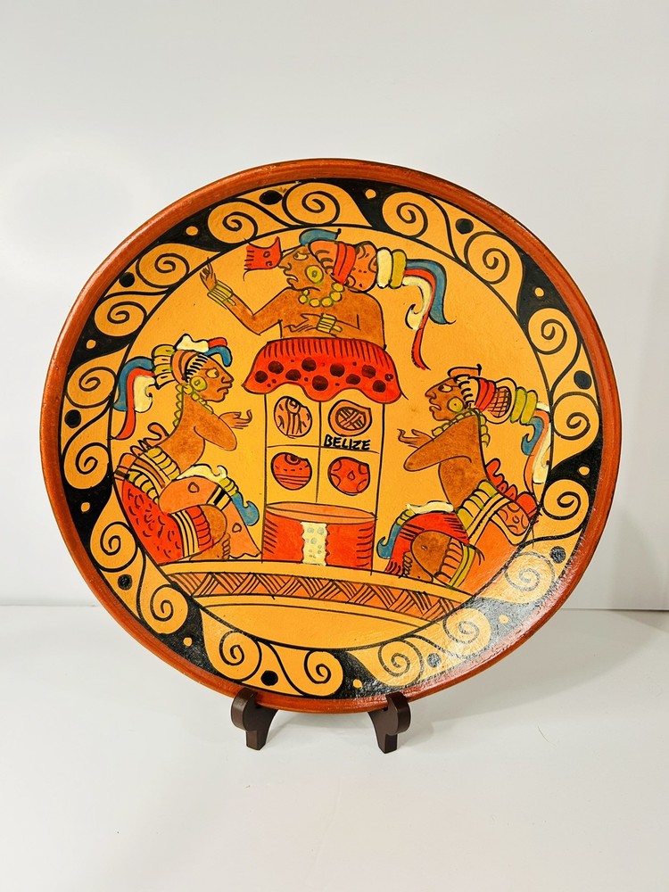 1994 MAYAN BELIZE HANDMADE POTTERY FOLK ART DECOR TRIBAL PLATE Signed By Artist