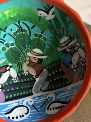 Mexican Folk Art 3 Footed Hand Painted Colorful Round Bowl People Fishing 5”
