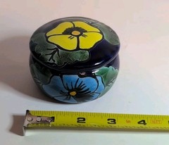 MEXICAN TALAVERA POTTERY TRINKET JEWELRY BOX & LID FLORAL HAND PAINTED ROUND