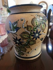 Tonala Stoneware Pottery Vase Bird Floral Design Mexico Hand Painted Signed
