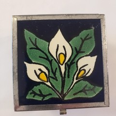 Blue White Calla Lilies Mexican Talavera Trinket Box Mirror 2.5”