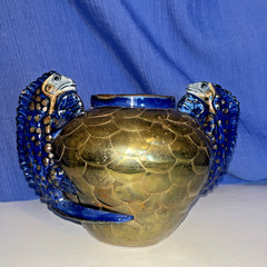Sergio Bustamente Style Mexico Art Pottery Brass Scales Iguana Handle Vase