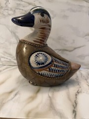 Vintage hand painted Mexican folk art tonala Copper & brass duck figure