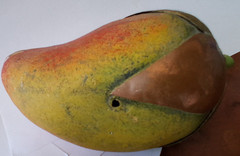 70s VTG Mexico Burnished Clay Fruit Apple Mango Banana Terracotta Brass Inlay HP