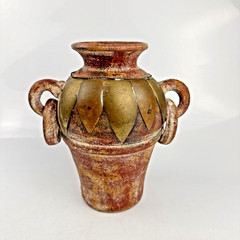 Vintage Mexican Terracotta Pottery Vase, Brass Copper Overlay Loop Handles, 8″