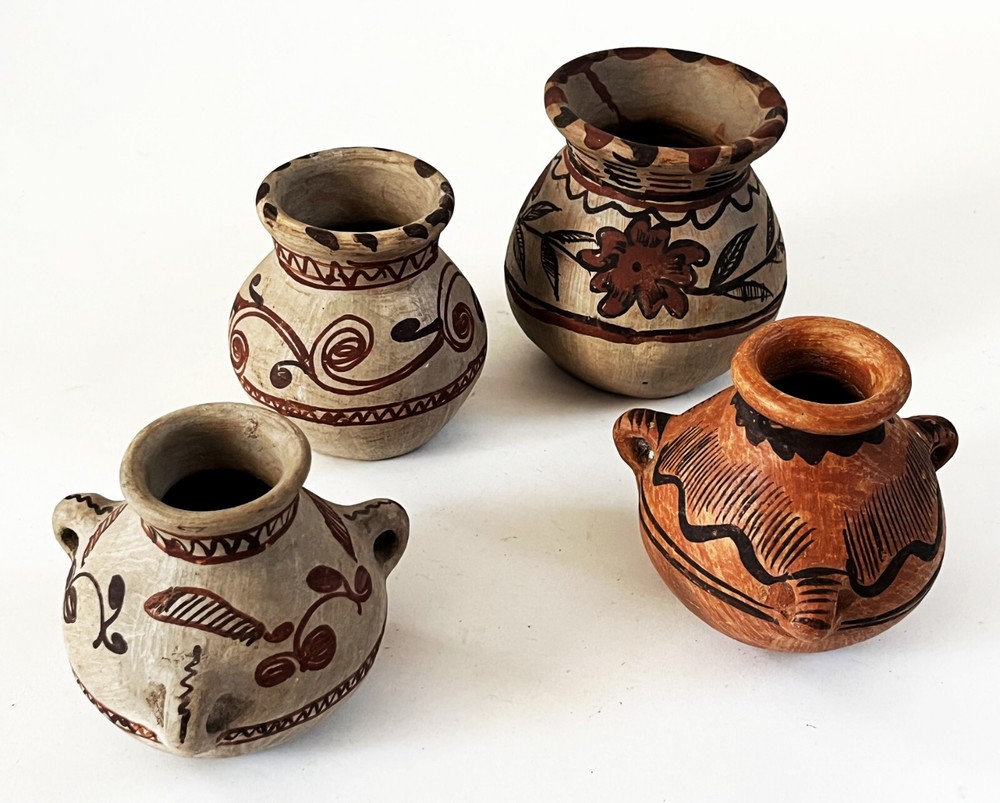 4 VTG MEXICAN FOLK ART POTTERY AMATENANGO DEL VALLE CHIAPAS CERAMIC CLAY POT JAR